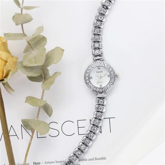 Rhinestone Silver Women Ladies Elegant Stainless Steel Watch